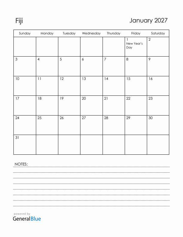 January 2027 Fiji Calendar with Holidays (Sunday Start)
