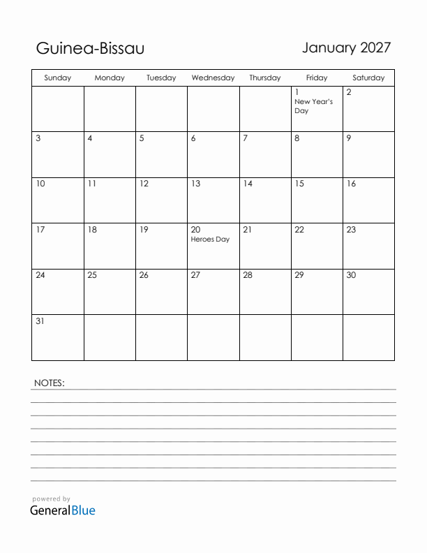 January 2027 Guinea-Bissau Calendar with Holidays (Sunday Start)