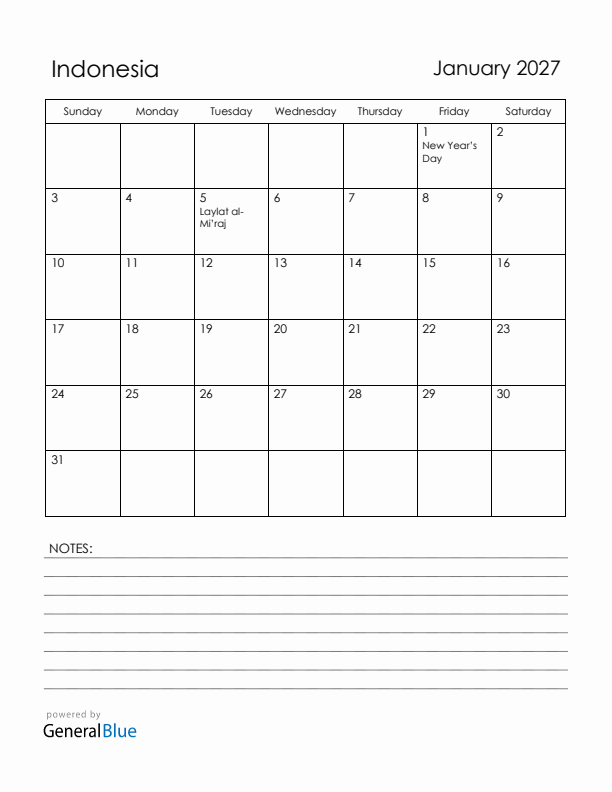 January 2027 Indonesia Calendar with Holidays (Sunday Start)