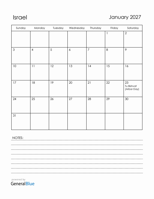 January 2027 Israel Calendar with Holidays (Sunday Start)