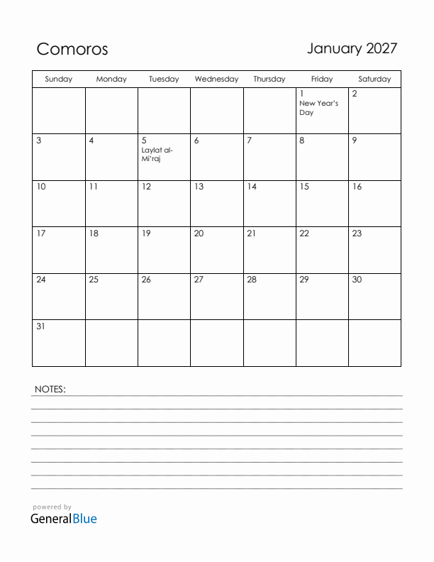 January 2027 Comoros Calendar with Holidays (Sunday Start)