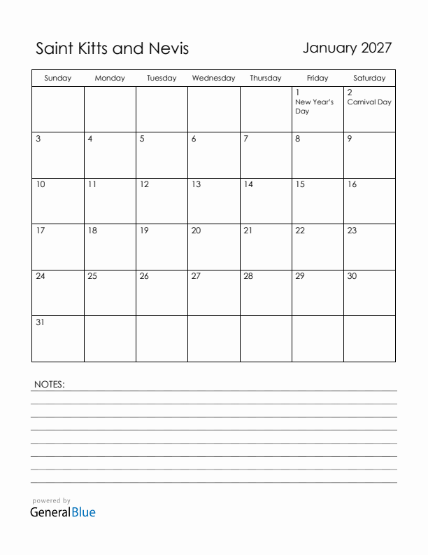 January 2027 Saint Kitts and Nevis Calendar with Holidays (Sunday Start)