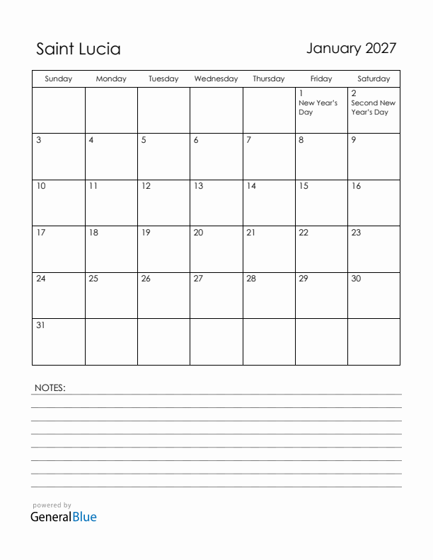 January 2027 Saint Lucia Calendar with Holidays (Sunday Start)