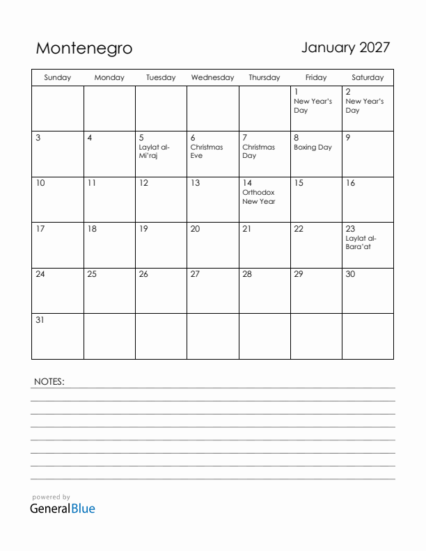 January 2027 Montenegro Calendar with Holidays (Sunday Start)
