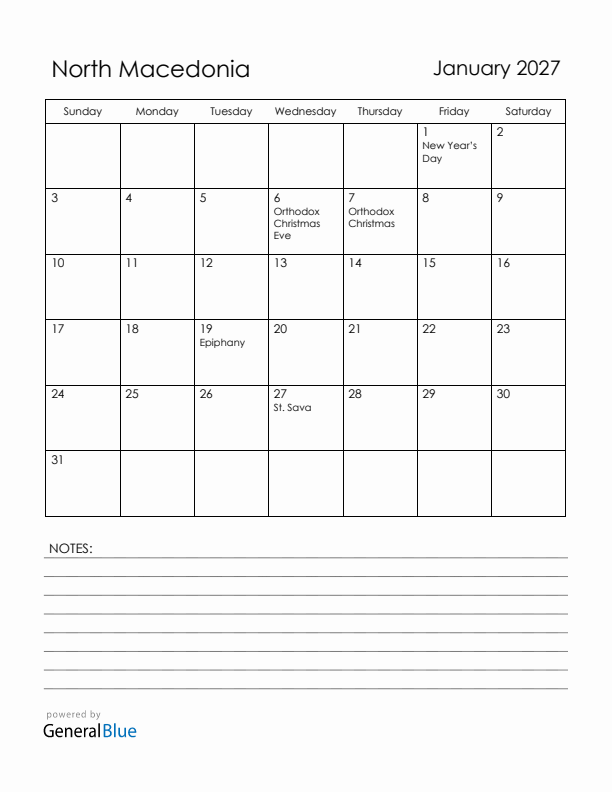 January 2027 North Macedonia Calendar with Holidays (Sunday Start)
