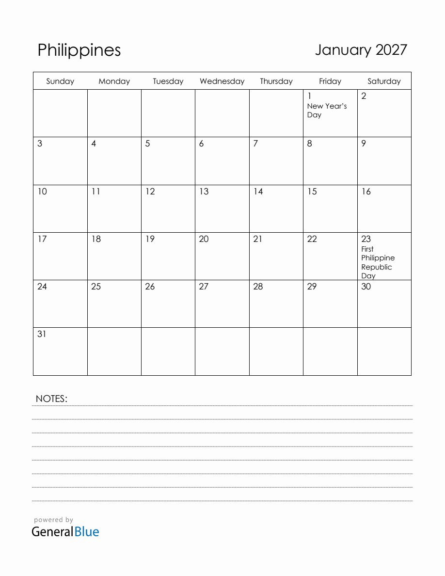 January 2027 Philippines Calendar with Holidays