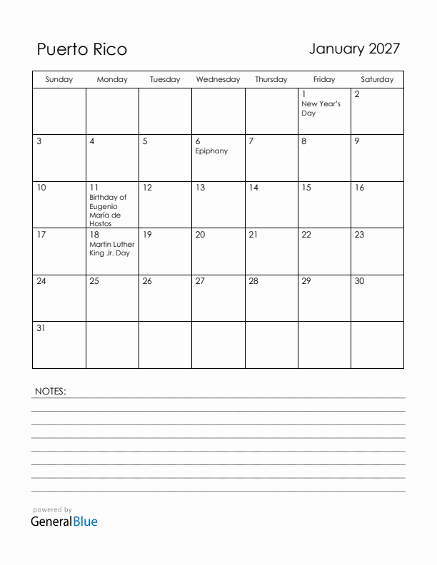 January 2027 Puerto Rico Calendar with Holidays (Sunday Start)