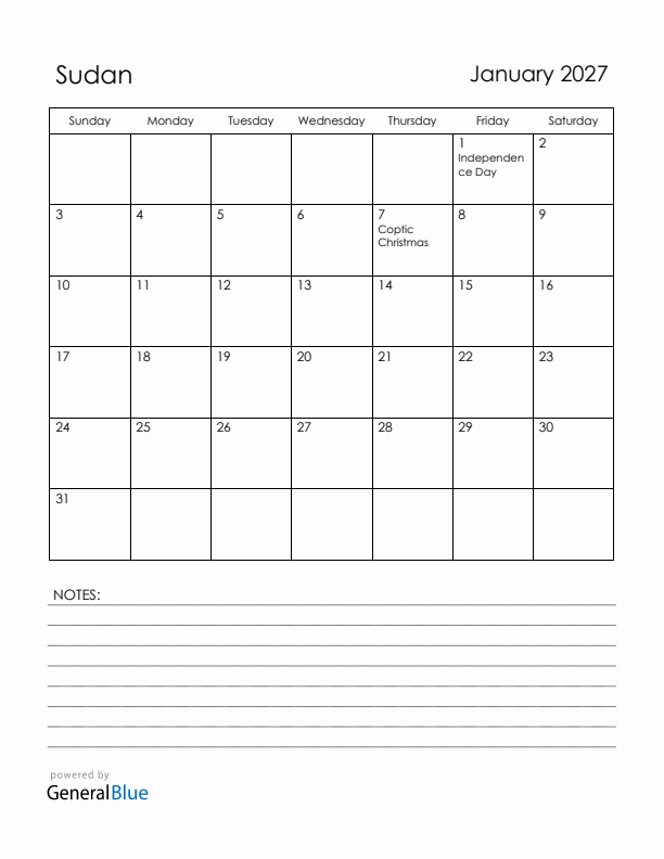 January 2027 Sudan Calendar with Holidays (Sunday Start)