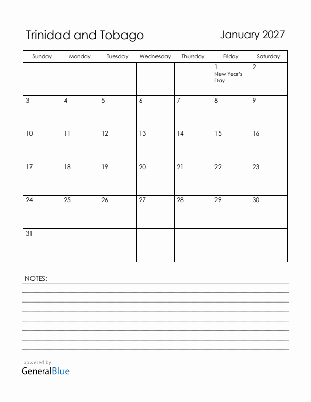 January 2027 Trinidad and Tobago Calendar with Holidays (Sunday Start)