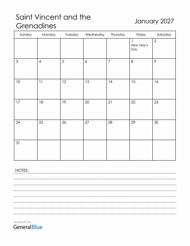 January 2027 Saint Vincent and the Grenadines Calendar with Holidays (Sunday Start)