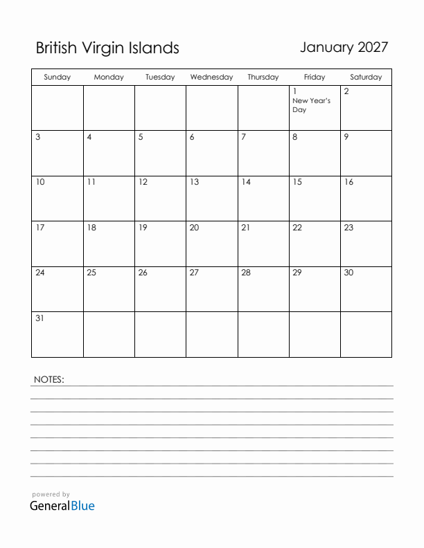 January 2027 British Virgin Islands Calendar with Holidays (Sunday Start)