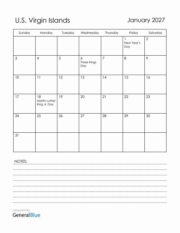 January 2027 U.S. Virgin Islands Calendar with Holidays (Sunday Start)