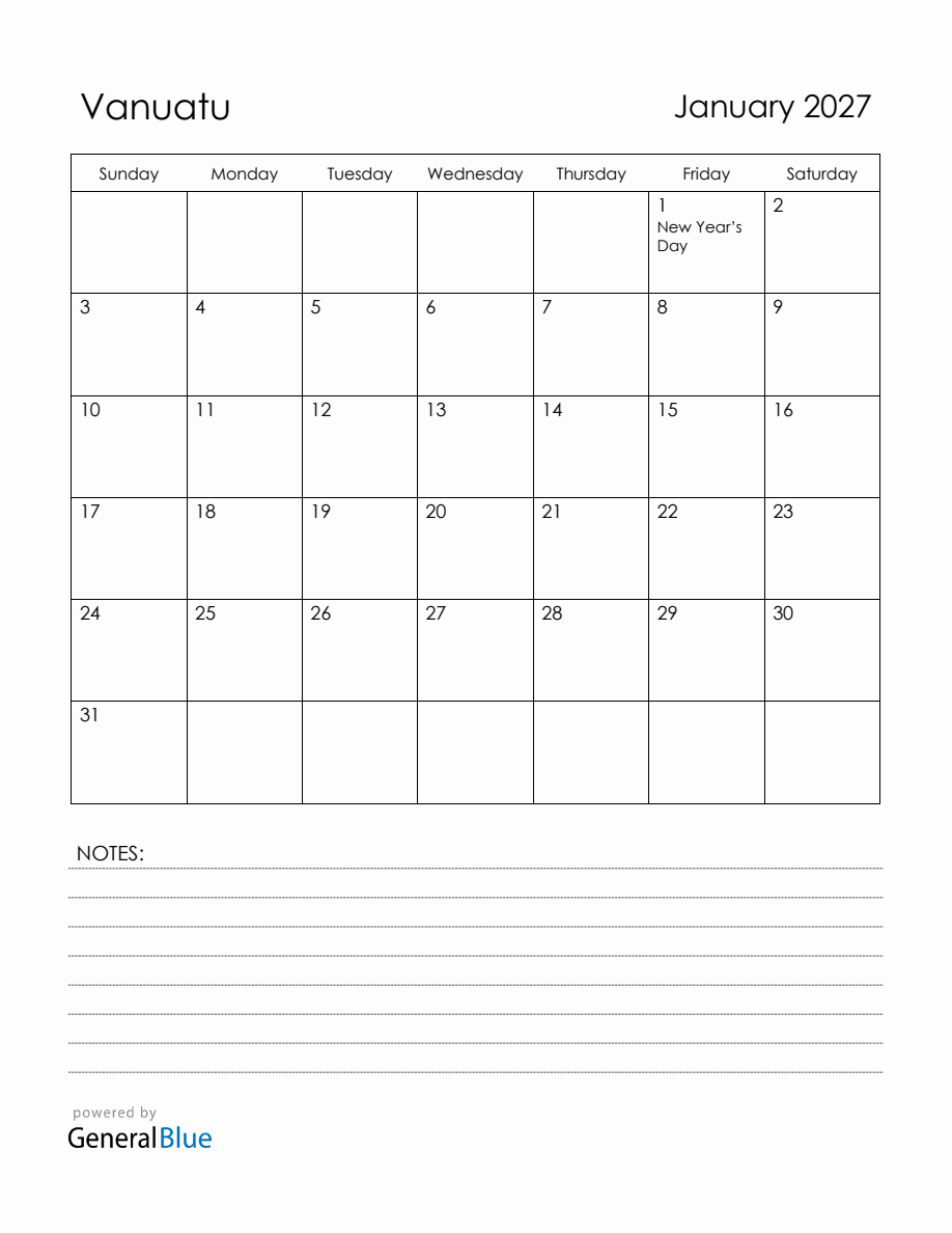 January 2027 Vanuatu Calendar with Holidays