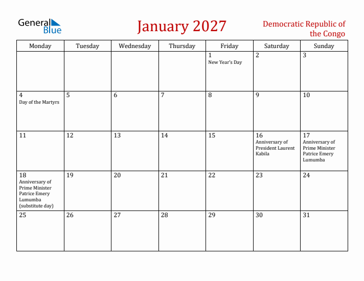 Democratic Republic of the Congo January 2027 Calendar - Monday Start