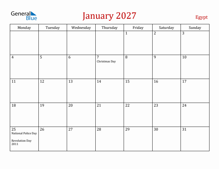 Egypt January 2027 Calendar - Monday Start