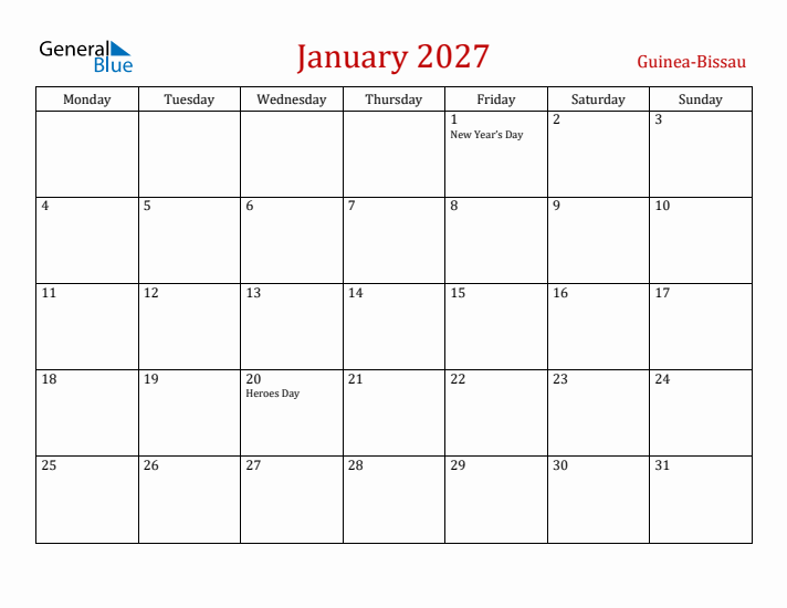 Guinea-Bissau January 2027 Calendar - Monday Start