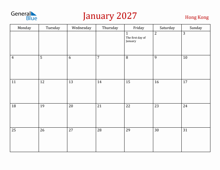 Hong Kong January 2027 Calendar - Monday Start