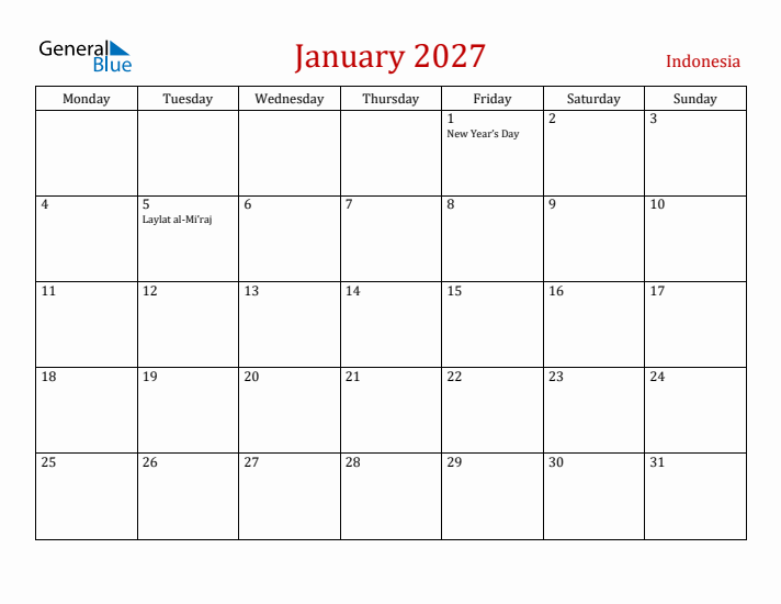 Indonesia January 2027 Calendar - Monday Start