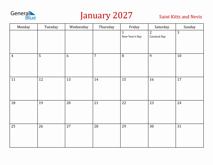Saint Kitts and Nevis January 2027 Calendar - Monday Start