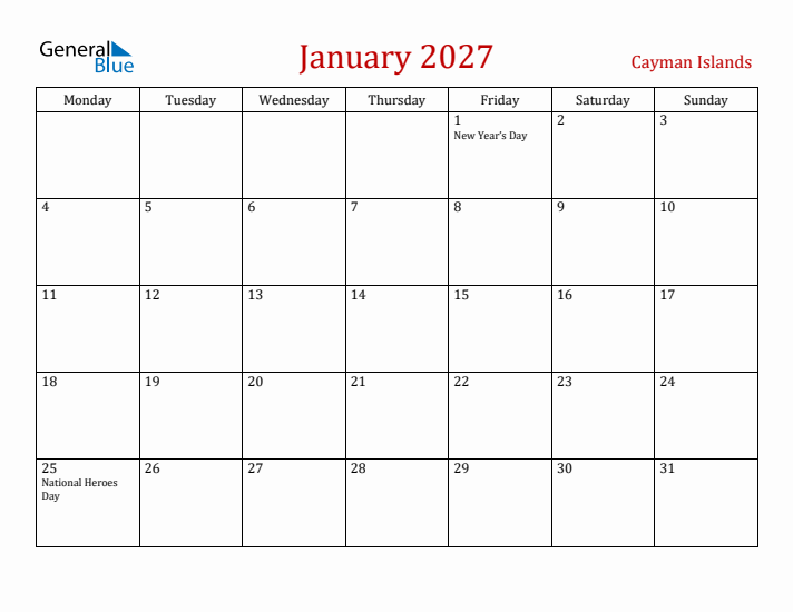 Cayman Islands January 2027 Calendar - Monday Start
