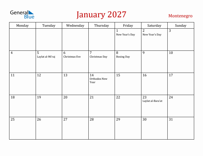 Montenegro January 2027 Calendar - Monday Start