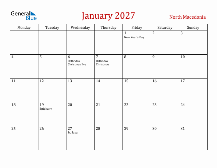 North Macedonia January 2027 Calendar - Monday Start