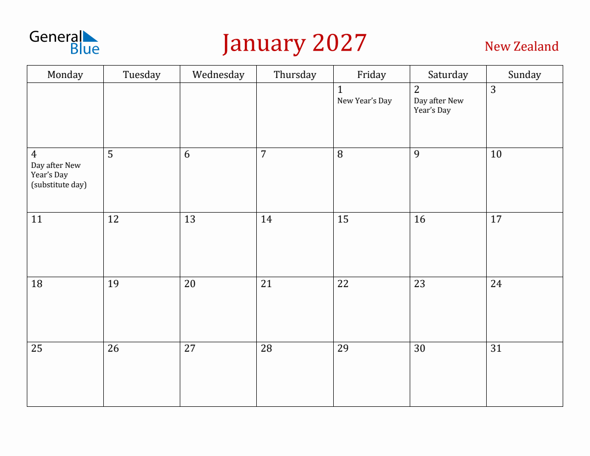 January 2027 New Zealand Monthly Calendar with Holidays (Monday Start)