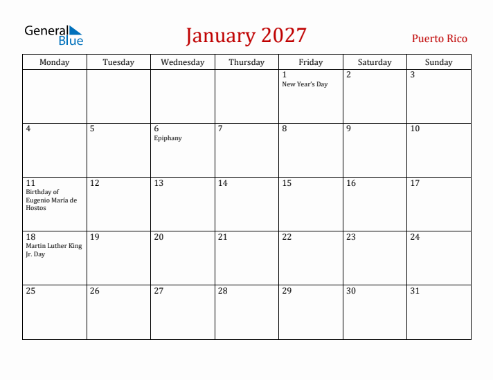Puerto Rico January 2027 Calendar - Monday Start