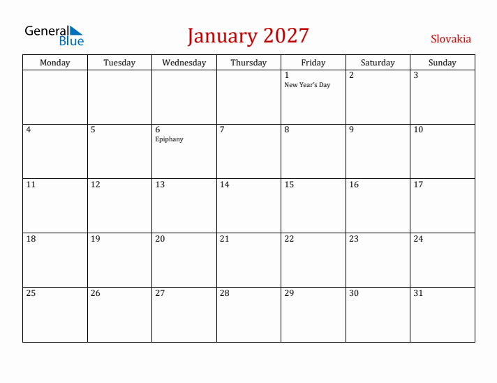 Slovakia January 2027 Calendar - Monday Start