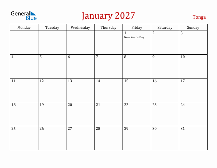 Tonga January 2027 Calendar - Monday Start