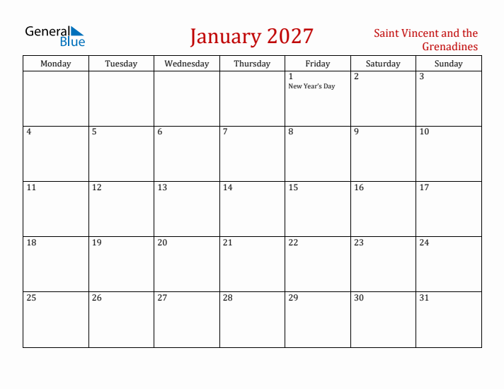 Saint Vincent and the Grenadines January 2027 Calendar - Monday Start