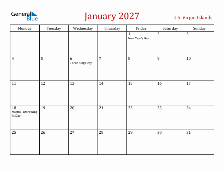 U.S. Virgin Islands January 2027 Calendar - Monday Start