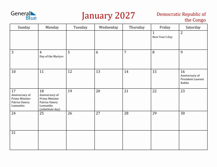 Democratic Republic of the Congo January 2027 Calendar - Sunday Start