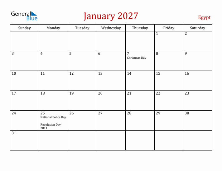 Egypt January 2027 Calendar - Sunday Start