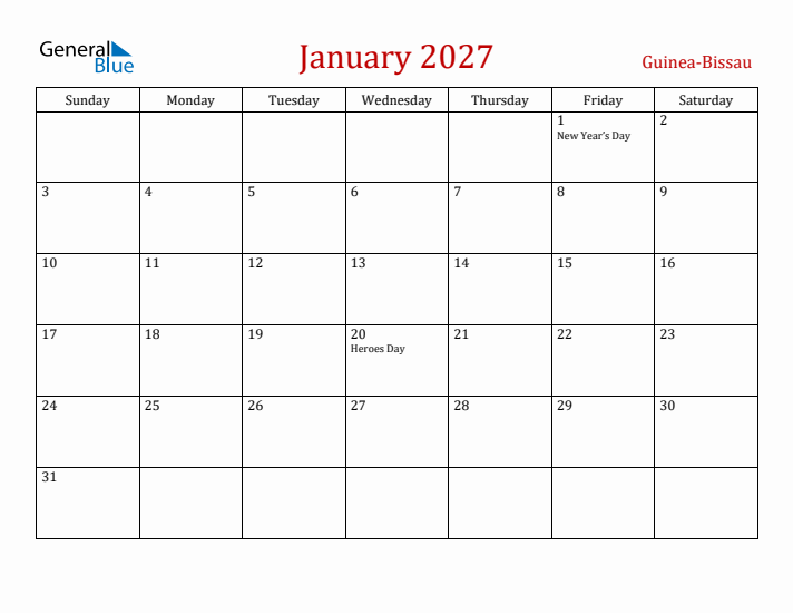 Guinea-Bissau January 2027 Calendar - Sunday Start