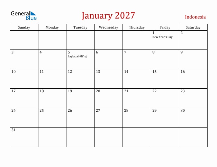 Indonesia January 2027 Calendar - Sunday Start