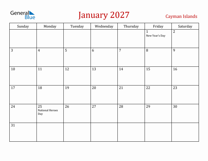 Cayman Islands January 2027 Calendar - Sunday Start