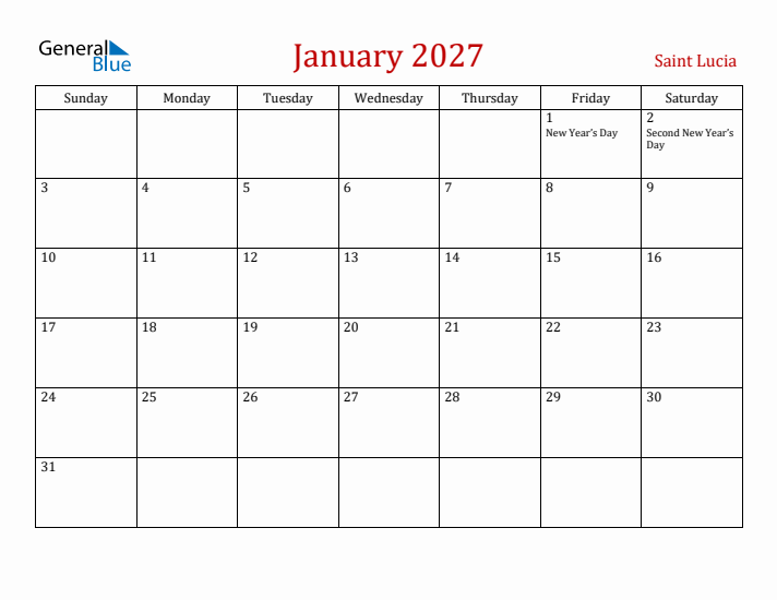 Saint Lucia January 2027 Calendar - Sunday Start