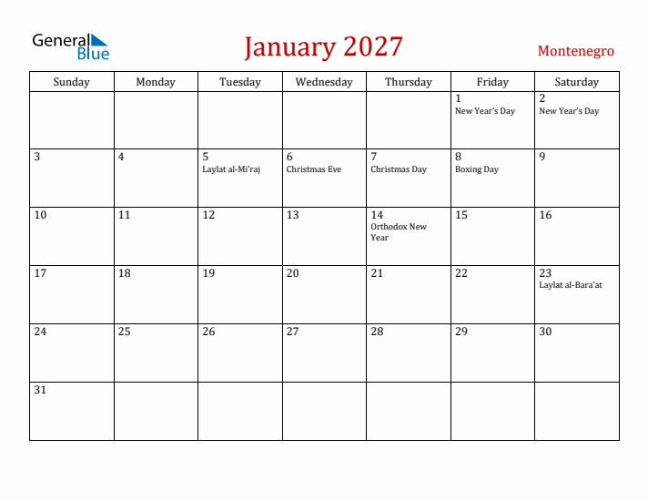 Montenegro January 2027 Calendar - Sunday Start