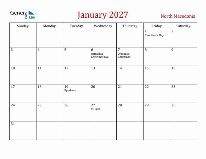 North Macedonia January 2027 Calendar - Sunday Start