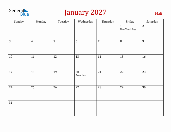 Mali January 2027 Calendar - Sunday Start