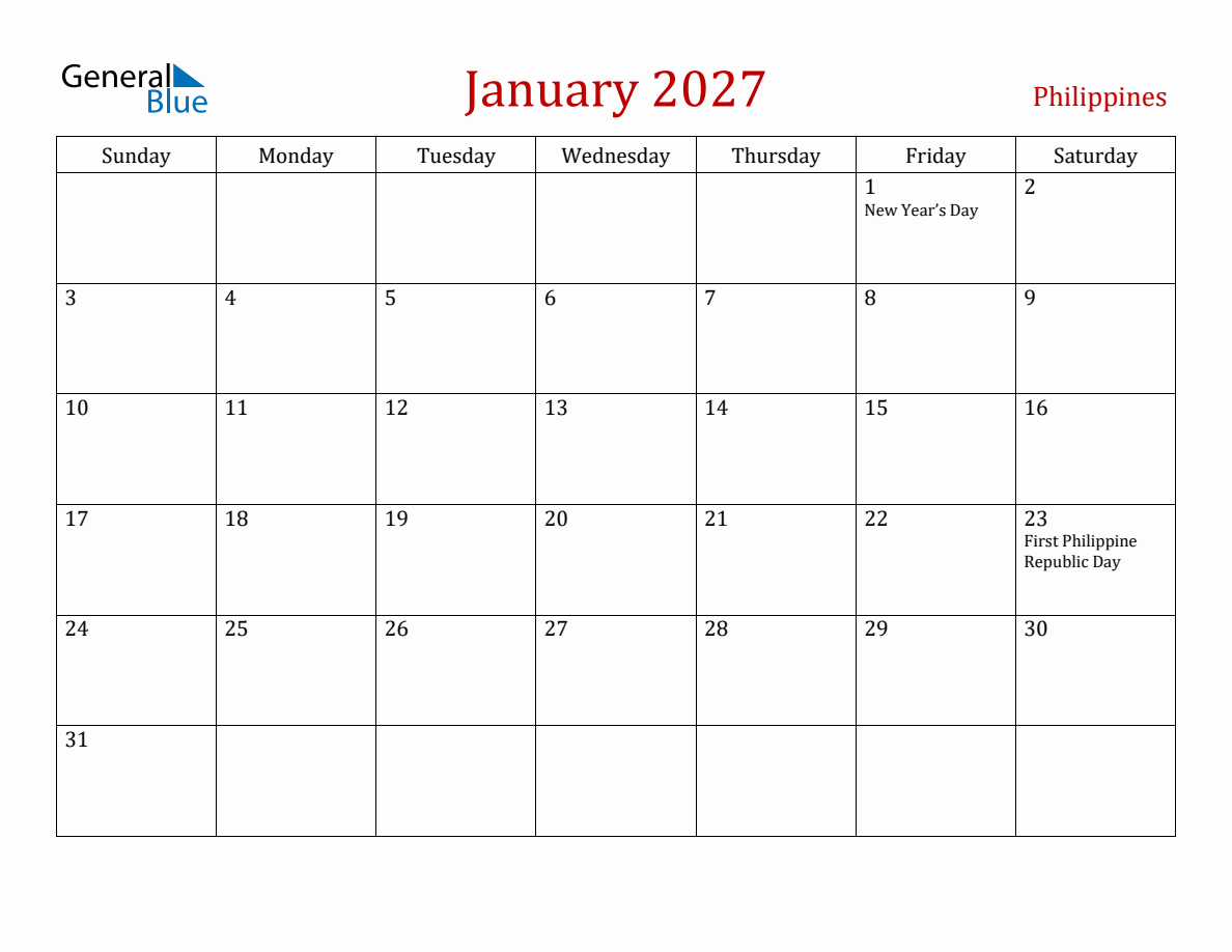January 2027 Philippines Monthly Calendar with Holidays