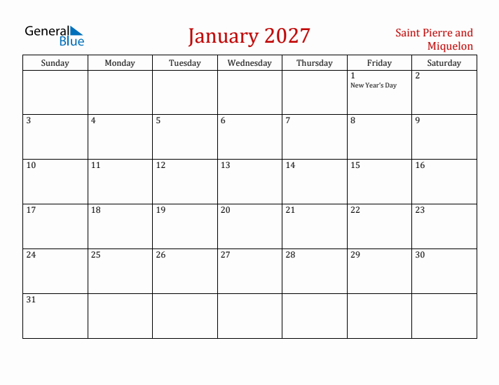Saint Pierre and Miquelon January 2027 Calendar - Sunday Start