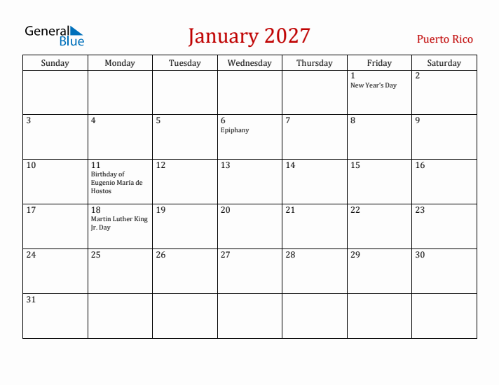 Puerto Rico January 2027 Calendar - Sunday Start