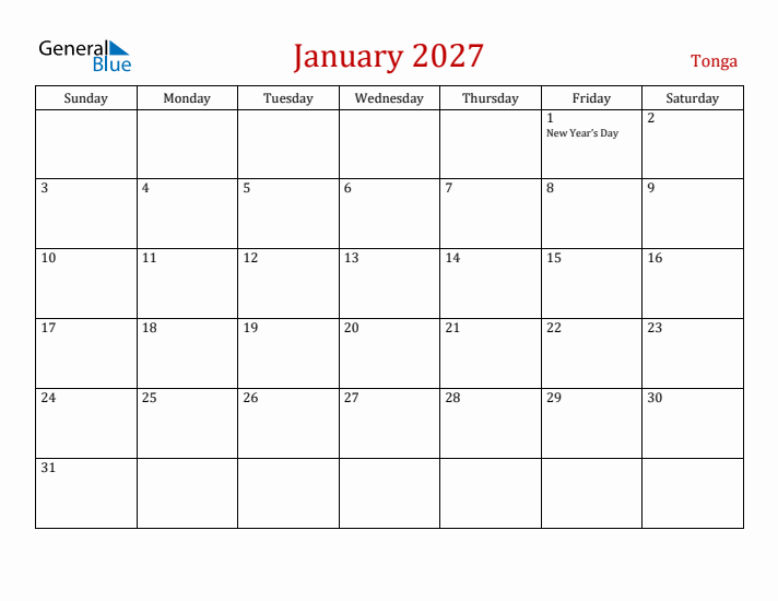 Tonga January 2027 Calendar - Sunday Start