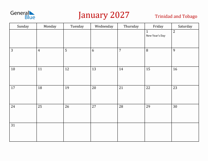 Trinidad and Tobago January 2027 Calendar - Sunday Start