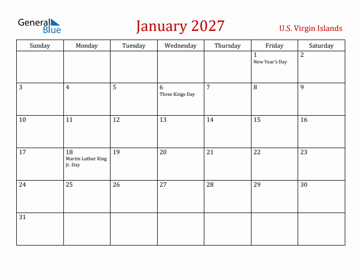 U.S. Virgin Islands January 2027 Calendar - Sunday Start