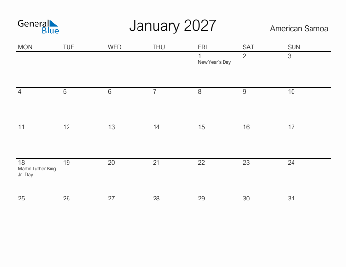 Printable January 2027 Calendar for American Samoa