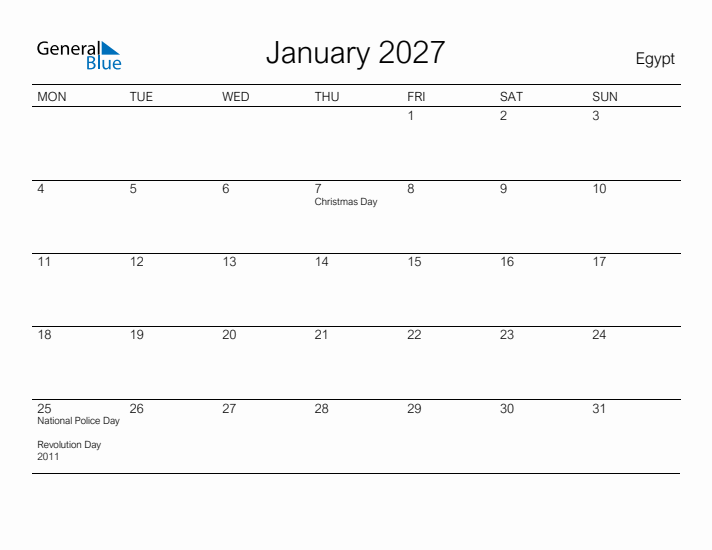 Printable January 2027 Calendar for Egypt