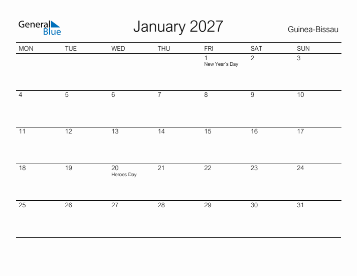 Printable January 2027 Calendar for Guinea-Bissau